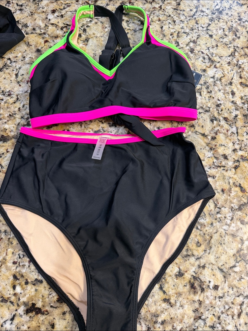 Black High-Waist Bikini with Neon Pink & Neon Green Trim